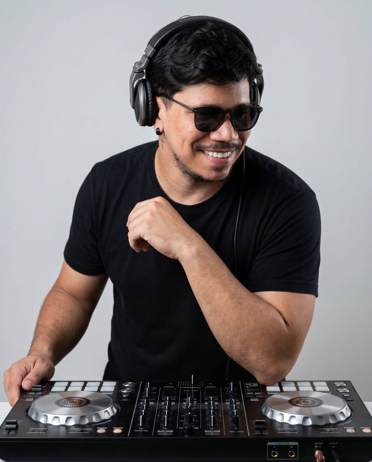 Foto de estúdio para DJ gerada com IA — Clean commercial DJ portrait with subtle editorial tone #011