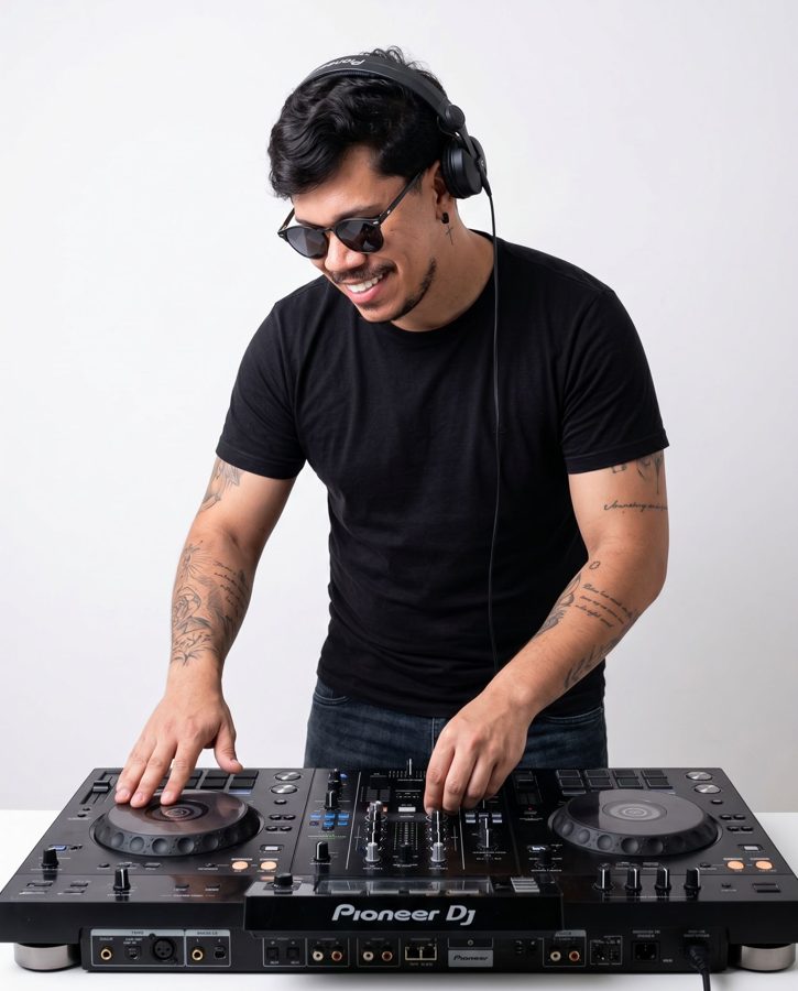 Foto de estúdio para DJ gerada com IA — Clean commercial studio DJ portrait #012